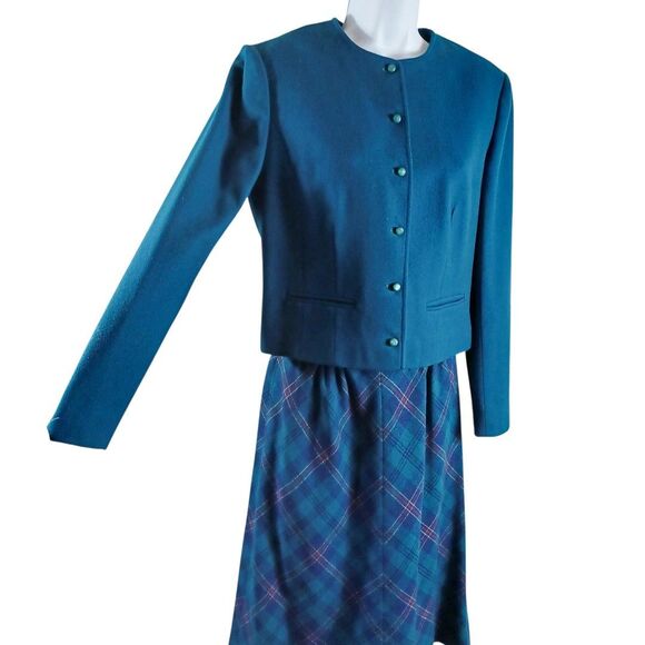 Vtg Pendleton Wool 2pc Suit Set Blue Blazer Plaid Skirt Academia Cottagecore USA - Picture 3 of 13